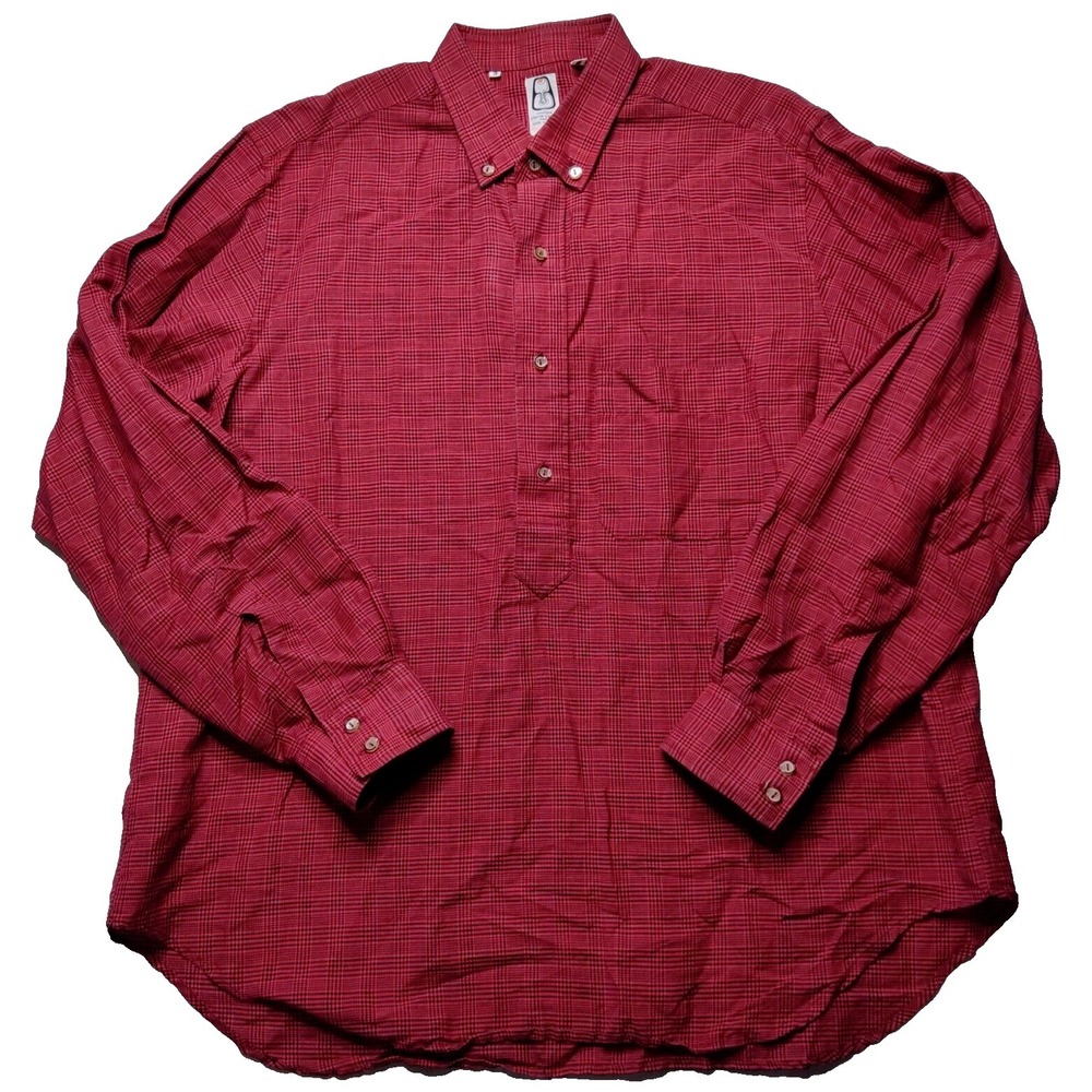 VTG PIERRE CARDIN BOUTIQUE PARIS Men 3 (XL) Red Plaid 1/2 Button Tunic Shirt EUC